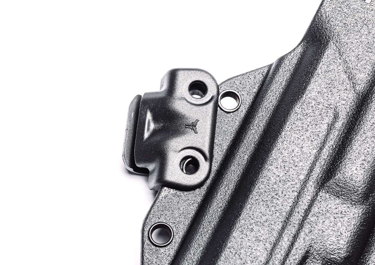 Mod-lok attachment being mounted onto Total Eclipse IWB and OWB Gun Holster for Toolless transitions for CCW and Everyday Carry