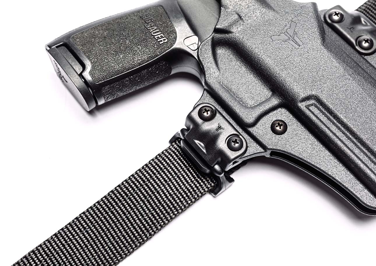 Total Eclipse 2.0 Gun Holster for Sig P320C withTooless Mod-Lok attachment with OWB Mods mounted onto Black Nylon Instructor's Belt for All Day Conceal Carry