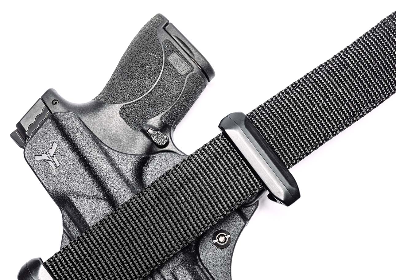 Close up of S&W M&P Shield 2.0 holstered in a Total Eclipse 2.0 Gun Holster with Mod-Lok and IWB Mod for Inside the Waistband Carry