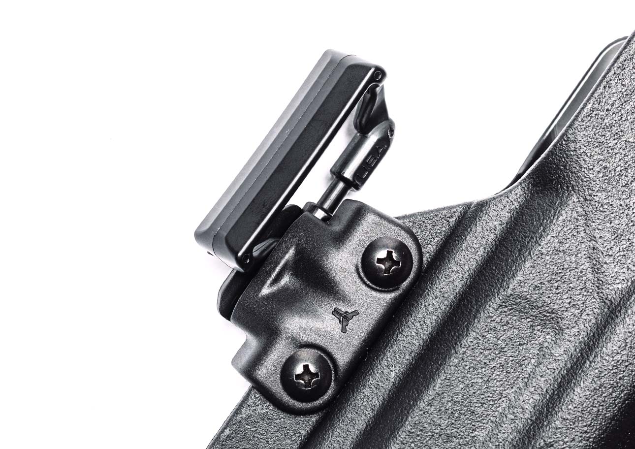 Close up of Mod-Lok with OWB Mod mounted onto Total Eclipse 2.0 Holster for Outside the Waistband Conceal Carry