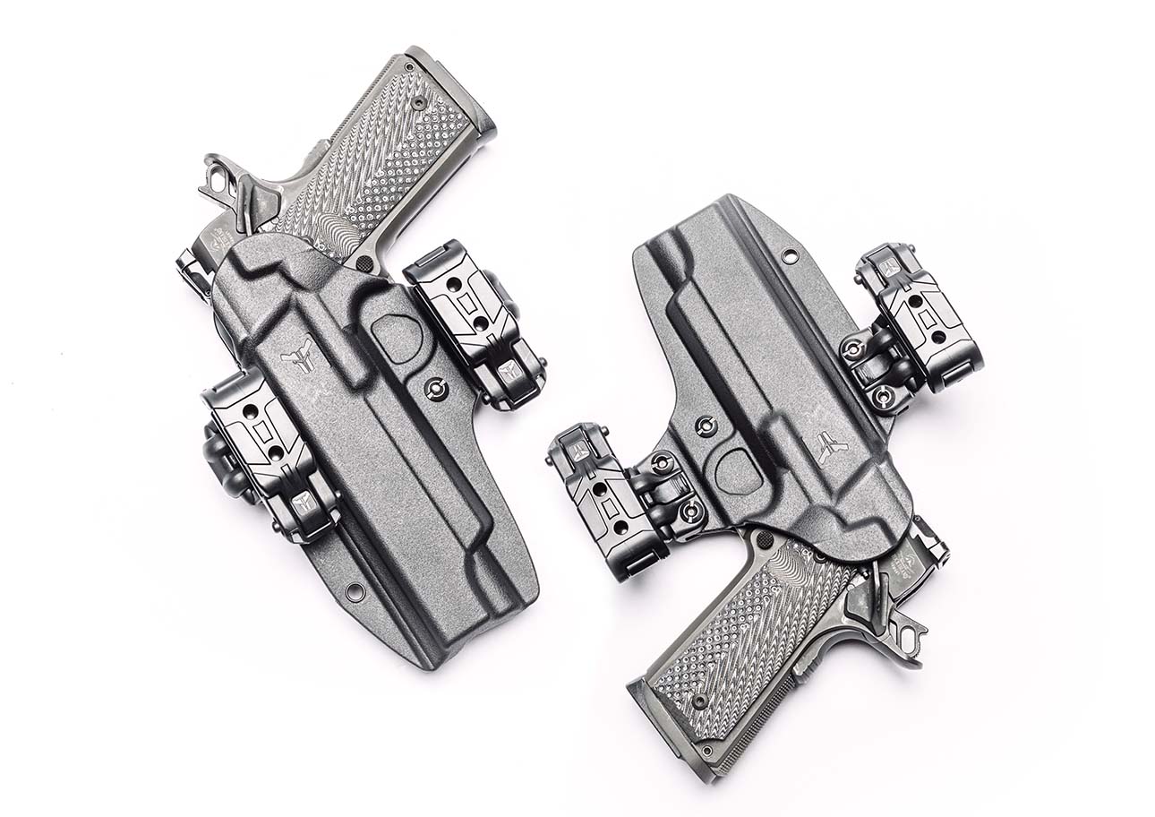 Two 1911 Firearms holstered in Total Eclipse 2.0 Gun Holsters with Mod-Lok and Belt-Lok Mod for two Outside the Waistband Carry Options