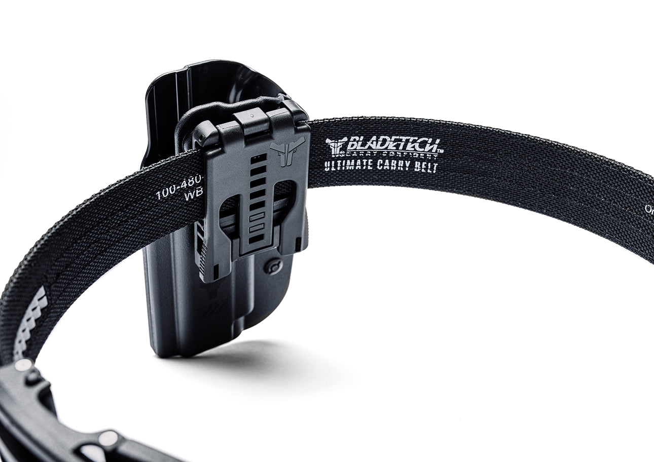 Tek-Lok Belt Attachment mounted onto Classic Outside the Waistband (OWB) Holster attached to Ultimate Carry Gun Belt with Ratcheting Belt Buckle