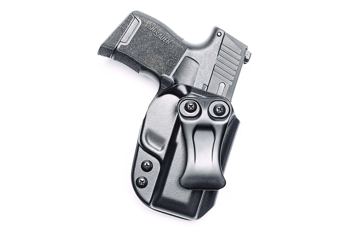 Back view of SIG SAUER P365 9mm Firearm holstered in a Inside the Waistband (IWB) Nano Gun Holster with IWB Clip that can be canted 15 degrees for a comfortable Everyday Carry