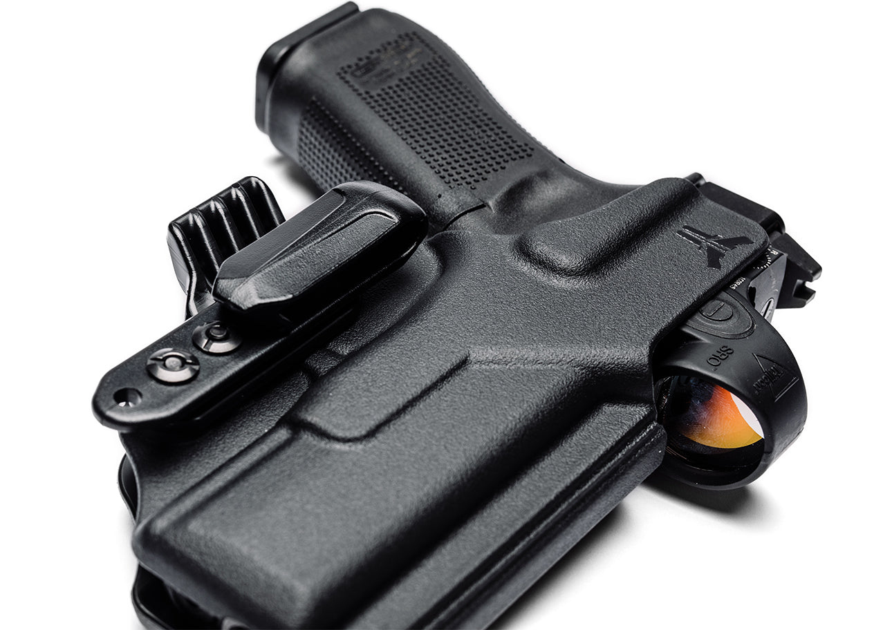 Ultimate Klipt Appendix Inside the Waistband (AIWB) Holster with Tuckable IWB Clip and concealment wing Glock 45 and Trijicon SRO