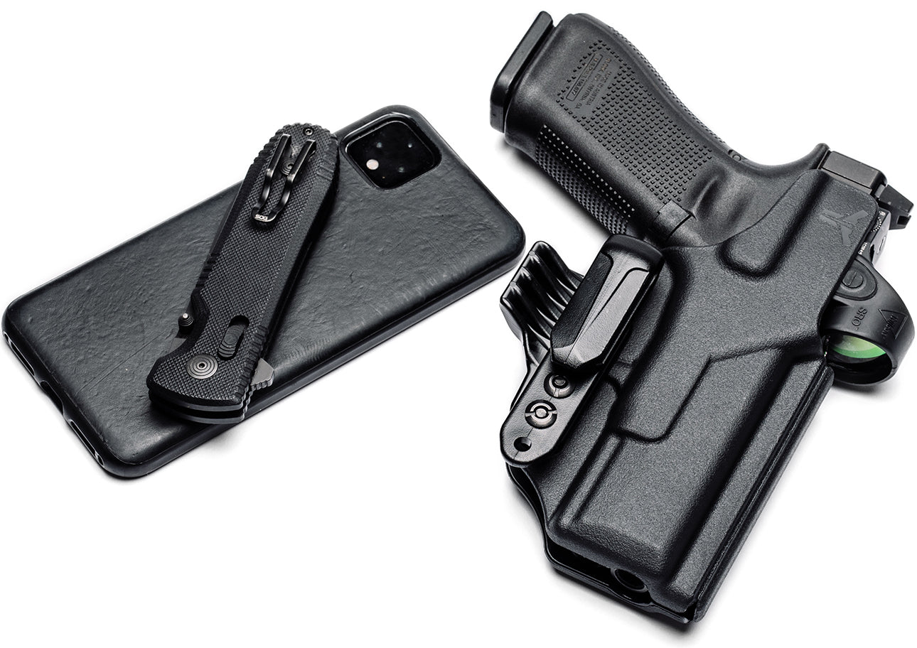 Ultimate Klipt Appendix Inside the Waistband (AIWB) Holster with Tuckable IWB Clip and Concealment Wing Glock 45 and Trijicon SRO