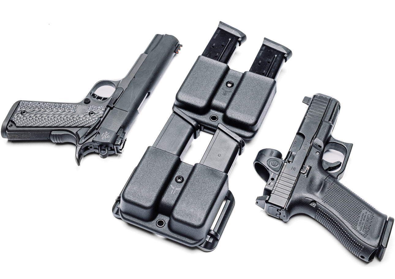 Signature Double Mag Pouch Outside the Waistband (OWB) Glock 9/40 with Adjustable Stingray Loop (ASR) Belt Attachment and 1911 Single Stack Handgun Magazine