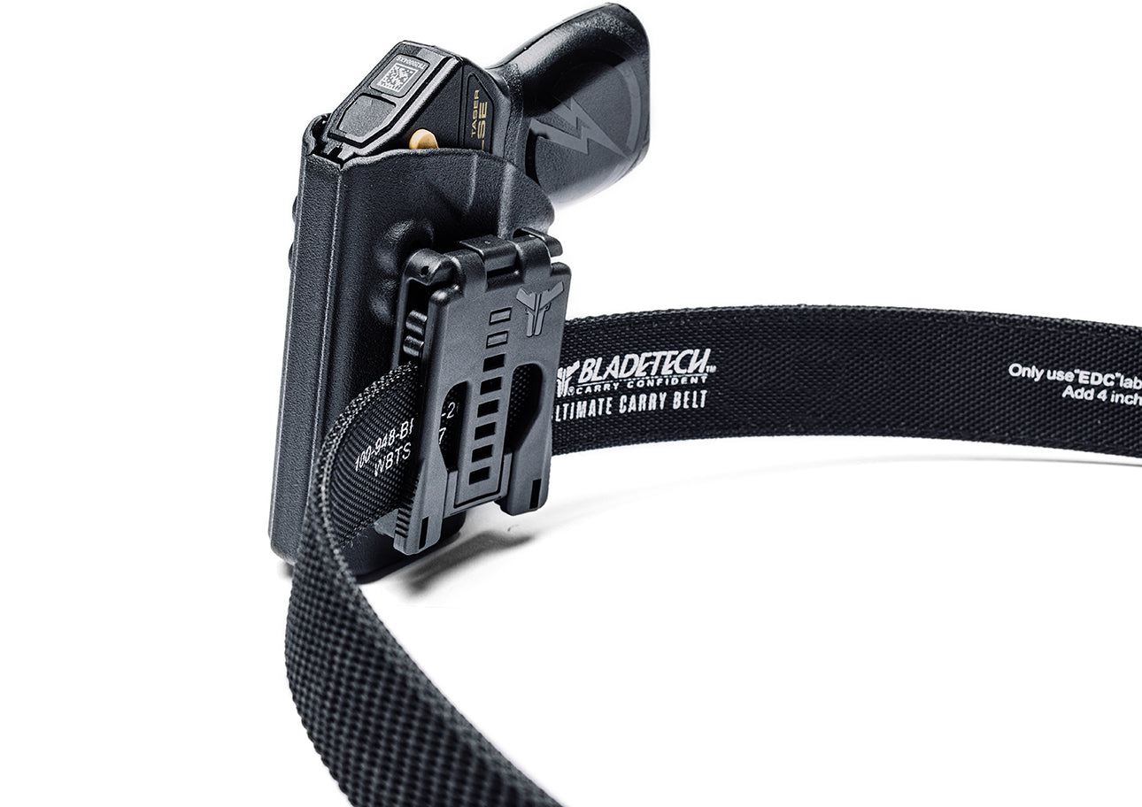 TASER Pulse Outside the Waistband (OWB) Holster with Tek-Lok Belt Attachment attached to Ultimate Carry Gun Belt with Ratcheting Belt Buckle