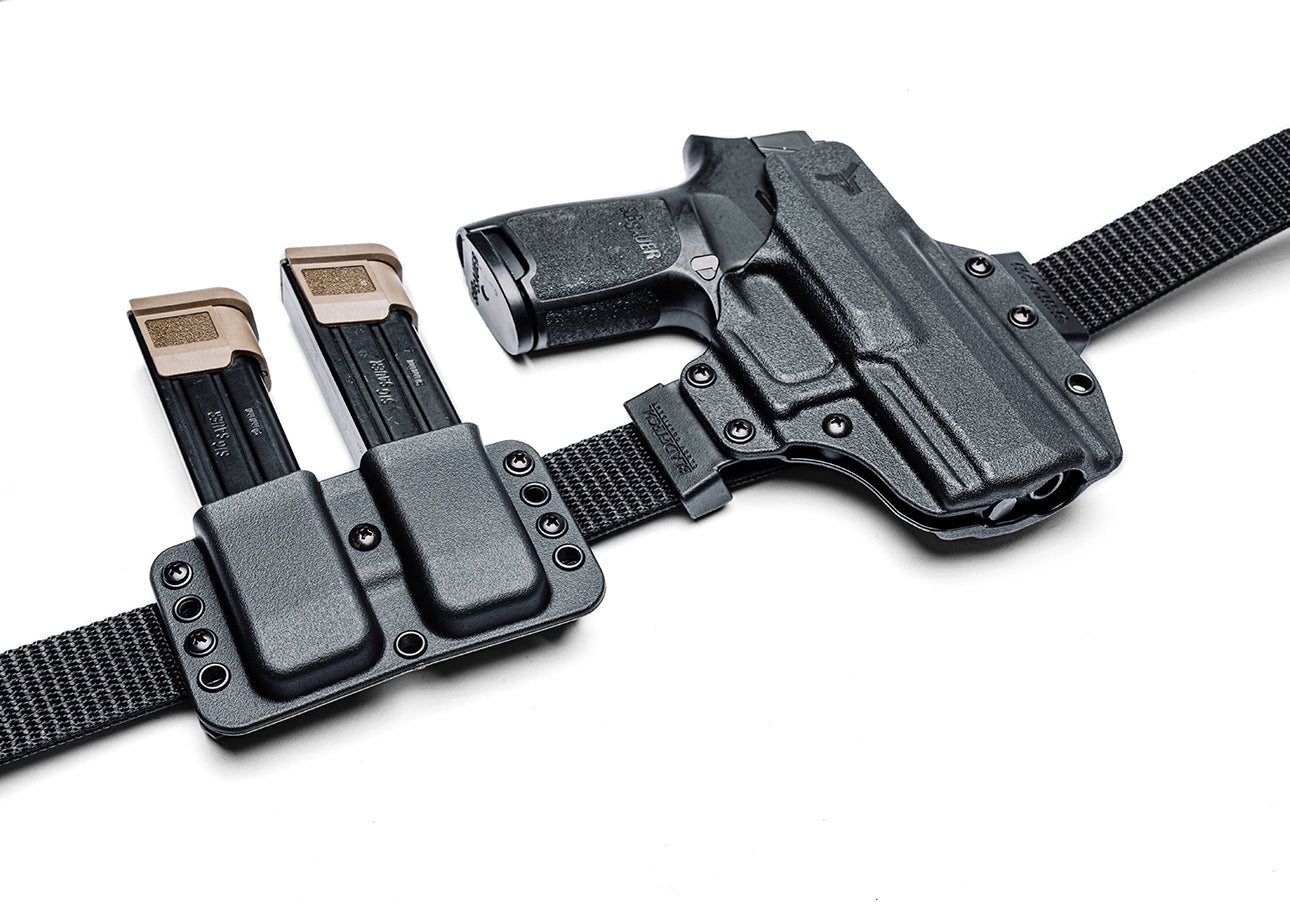 Ultimate Carry Gun Belt Black Nylon with Total Eclipse Outside the Waistband/ Inside the Waistband (OWB/IWB) Gun Holster and Total Eclipse Double Mag Pouch Outside the Waistband (OWB) Mag Carrier